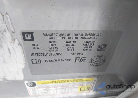 2012 Chevrolet Malibu 1Lt z USA, uszkodzony, nr VIN 1G1ZC5EU1CF369225